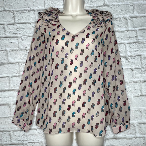 Karlie Owl Print Sheer Blouse Women’s S Pink Long Sleeve V-Neck Flutter Shoulder - Picture 1 of 8
